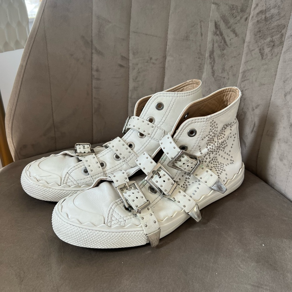 Chloe White Studded Leather Kyle Buckle Detail High Top Sneakers Size 40
